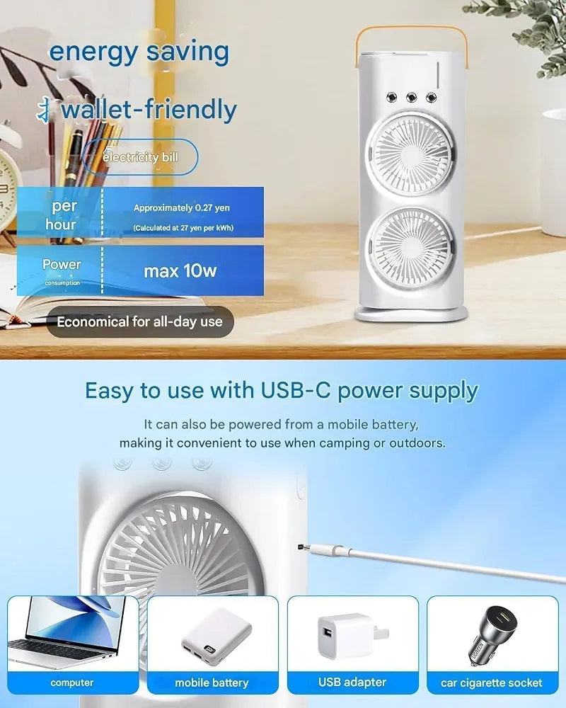 Portable Double Ended Spray Fan with Misting | USB Rechargeable Mini Air Cooler with LED Light | Touch & Remote Control | 3 Speed Cooling Fan with 280ml Water Tank