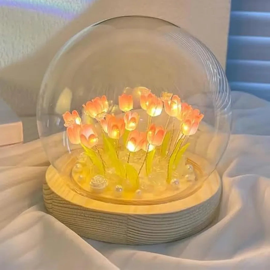 3D Tulip Night Light Creative Engraved Aesthetic Ball Dim Night Lamp, USB Powered Bed Table Lamp LED Wooden Base for Home Decoration, Birthday, Gifts, Teens