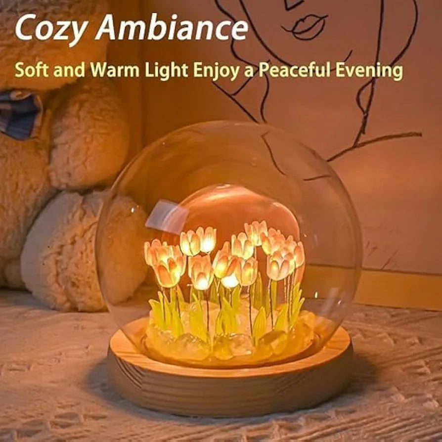 3D Tulip Night Light Creative Engraved Aesthetic Ball Dim Night Lamp, USB Powered Bed Table Lamp LED Wooden Base for Home Decoration, Birthday, Gifts, Teens 