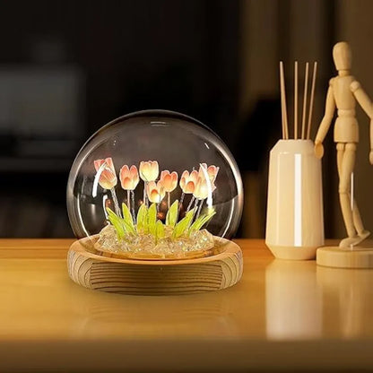 3D Tulip Night Light Creative Engraved Aesthetic Ball Dim Night Lamp, USB Powered Bed Table Lamp LED Wooden Base for Home Decoration, Birthday, Gifts, Teens 