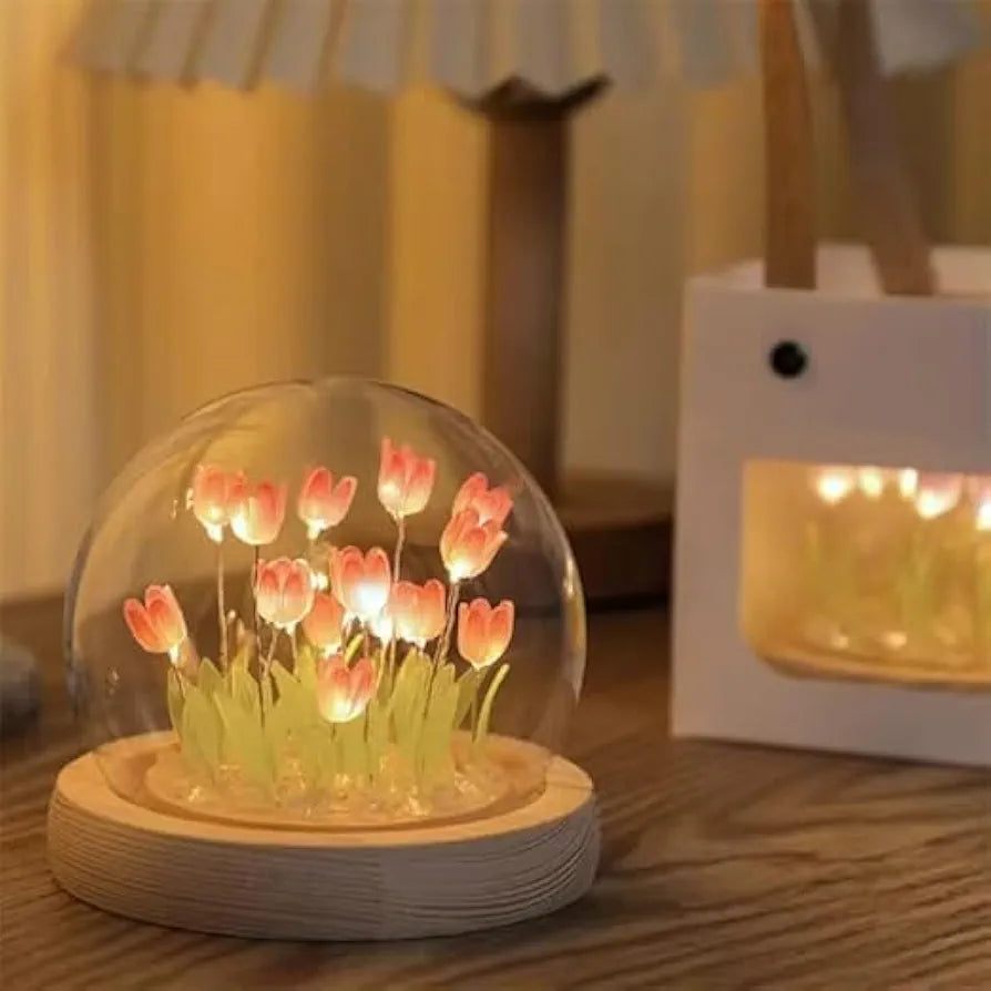 3D Tulip Night Light Creative Engraved Aesthetic Ball Dim Night Lamp, USB Powered Bed Table Lamp LED Wooden Base for Home Decoration, Birthday, Gifts, Teens 