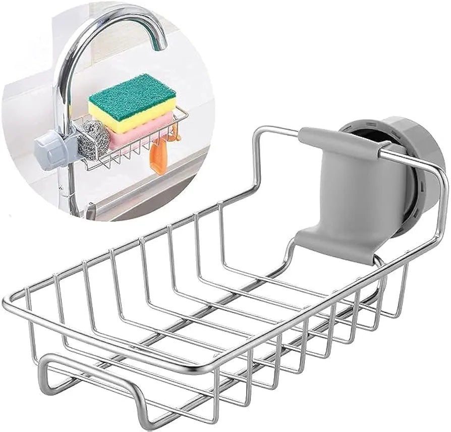Kitchen Sink Sponge Holder, Over Faucet Stainless Steel Caddy for Soap, Brushes and Scrubbers, No Suction or Drilling Needed