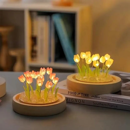 3D Tulip Night Light Creative Engraved Aesthetic Ball Dim Night Lamp, USB Powered Bed Table Lamp LED Wooden Base for Home Decoration, Birthday, Gifts, Teens 