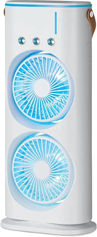 Portable Double Ended Spray Fan with Misting | USB Rechargeable Mini Air Cooler with LED Light | Touch & Remote Control | 3 Speed Cooling Fan with 280ml Water Tank  