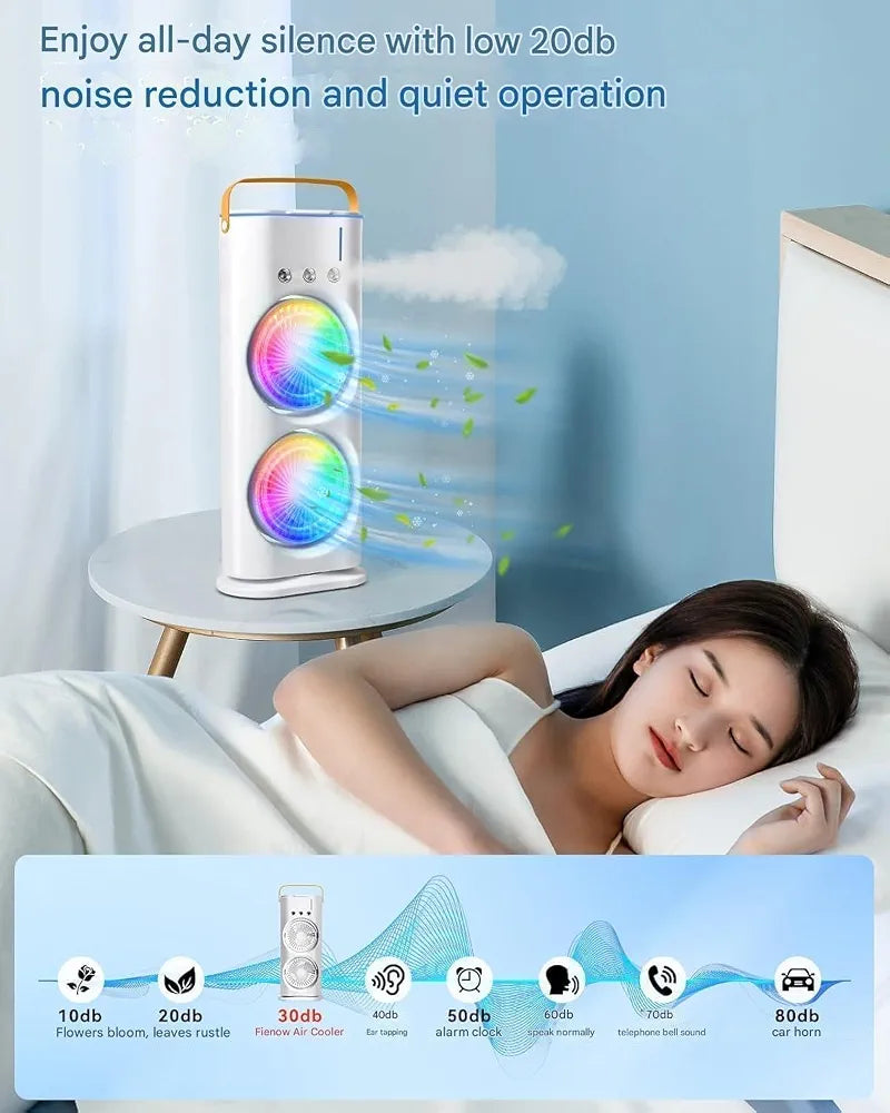 Portable Double Ended Spray Fan with Misting | USB Rechargeable Mini Air Cooler with LED Light | Touch & Remote Control | 3 Speed Cooling Fan with 280ml Water Tank  