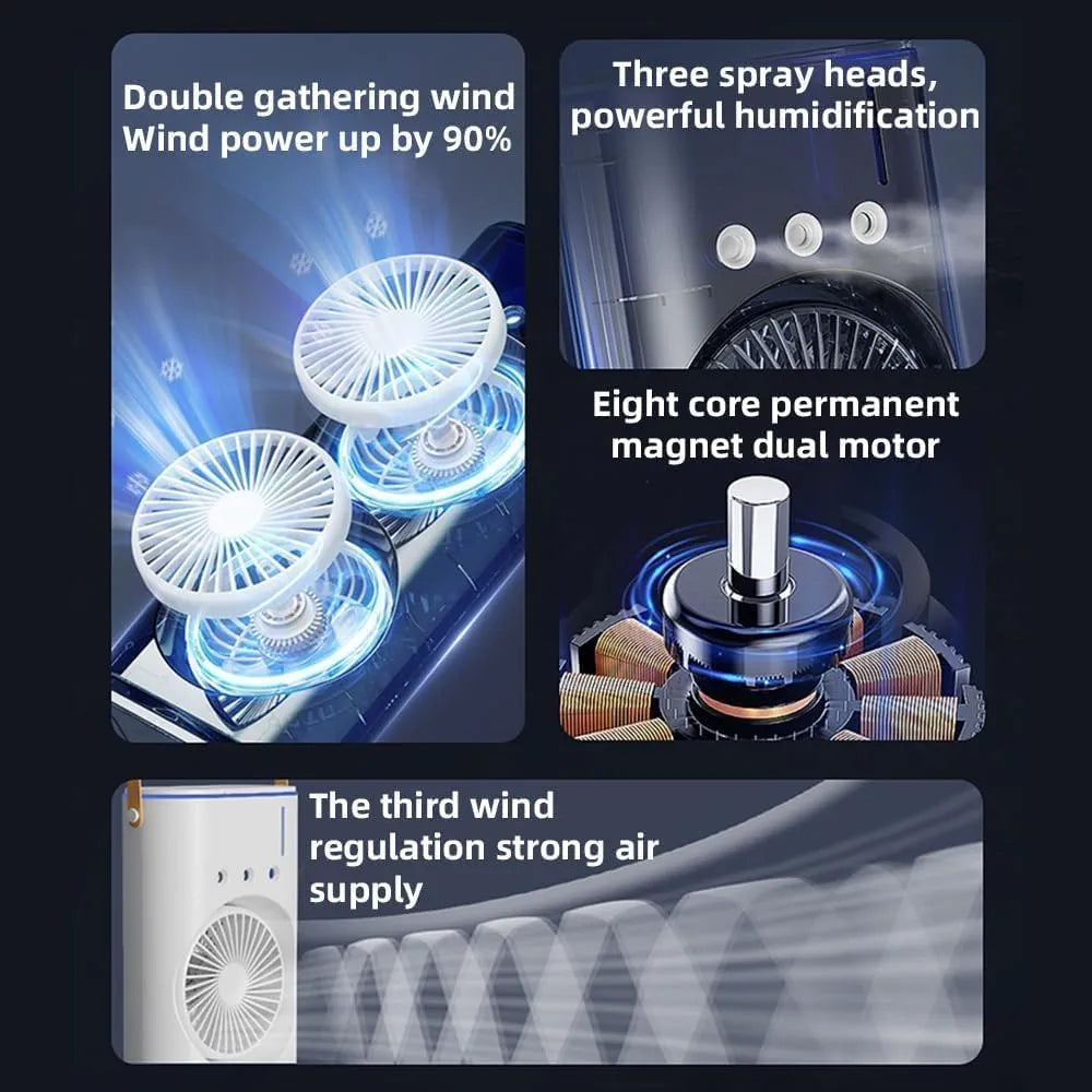 Portable Double Ended Spray Fan with Misting | USB Rechargeable Mini Air Cooler with LED Light | Touch & Remote Control | 3 Speed Cooling Fan with 280ml Water Tank  