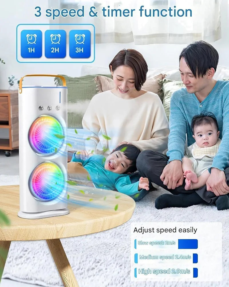 Portable Double Ended Spray Fan with Misting | USB Rechargeable Mini Air Cooler with LED Light | Touch & Remote Control | 3 Speed Cooling Fan with 280ml Water Tank  
