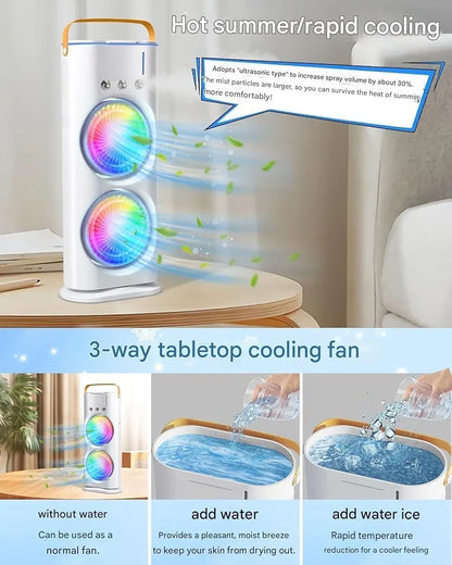 Portable Double Ended Spray Fan with Misting | USB Rechargeable Mini Air Cooler with LED Light | Touch & Remote Control | 3 Speed Cooling Fan with 280ml Water Tank  