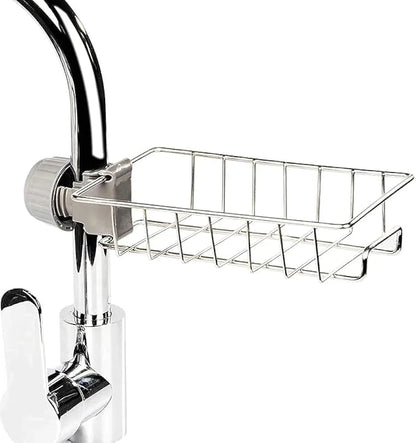 Kitchen Sink Sponge Holder, Over Faucet Stainless Steel Caddy for Soap, Brushes and Scrubbers, No Suction or Drilling Needed