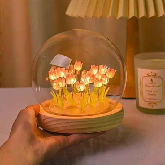 3D Tulip Night Light Creative Engraved Aesthetic Ball Dim Night Lamp, USB Powered Bed Table Lamp LED Wooden Base for Home Decoration, Birthday, Gifts, Teens 