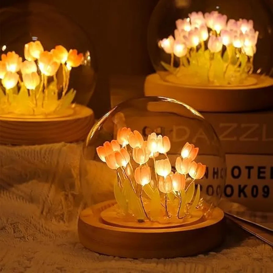 3D Tulip Night Light Creative Engraved Aesthetic Ball Dim Night Lamp, USB Powered Bed Table Lamp LED Wooden Base for Home Decoration, Birthday, Gifts, Teens 