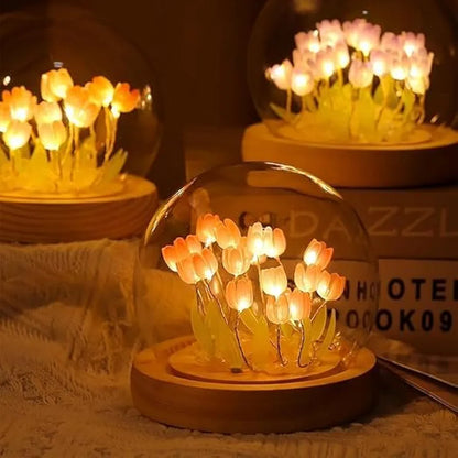 3D Tulip Night Light Creative Engraved Aesthetic Ball Dim Night Lamp, USB Powered Bed Table Lamp LED Wooden Base for Home Decoration, Birthday, Gifts, Teens 