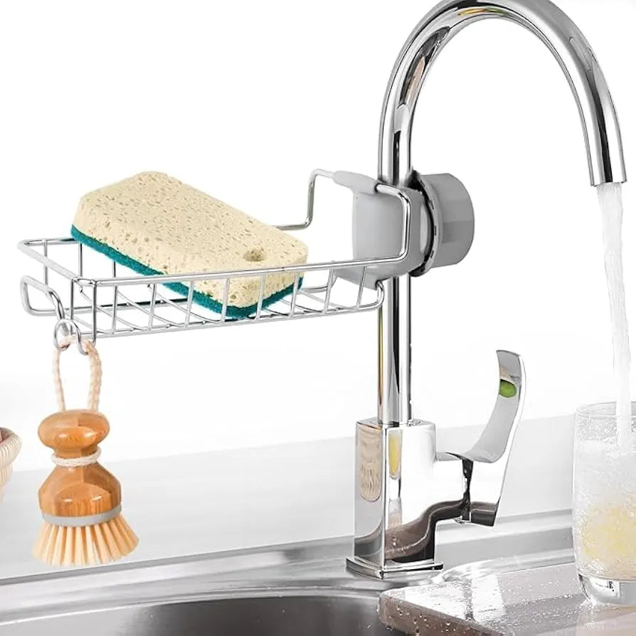 Kitchen Sink Sponge Holder, Over Faucet Stainless Steel Caddy for Soap, Brushes and Scrubbers, No Suction or Drilling Needed