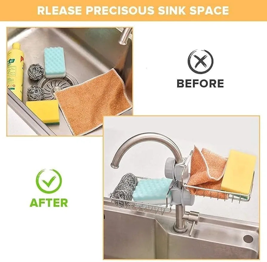 Kitchen Sink Sponge Holder, Over Faucet Stainless Steel Caddy for Soap, Brushes and Scrubbers, No Suction or Drilling Needed