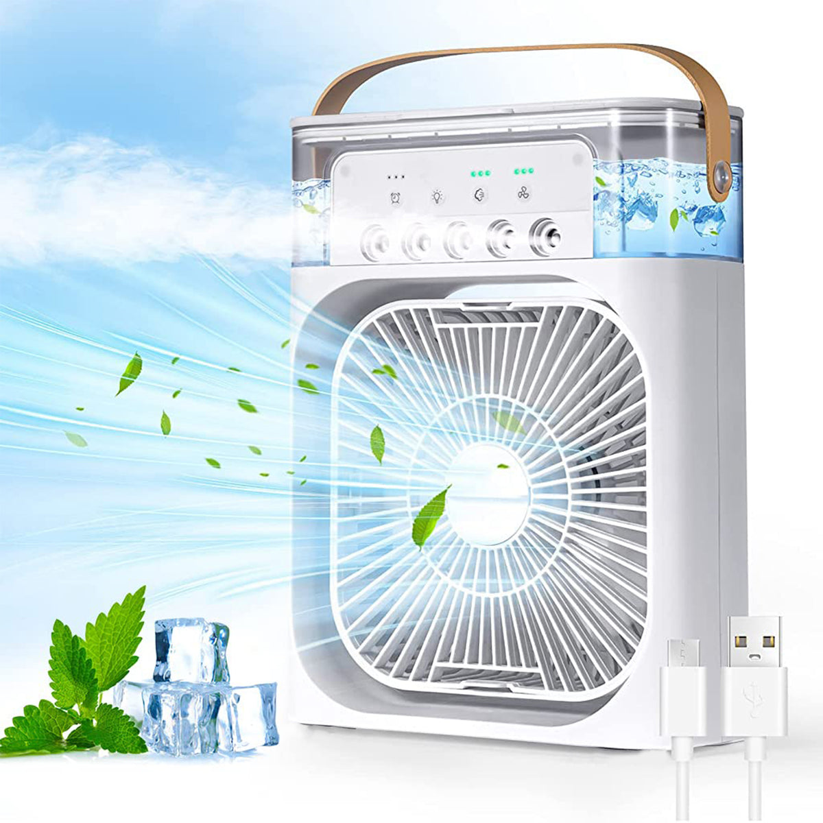 Portable Air Cooler with Water Tank, White, Personal Evaporative Cooling Fan with Handle, Multiple Speed Settings